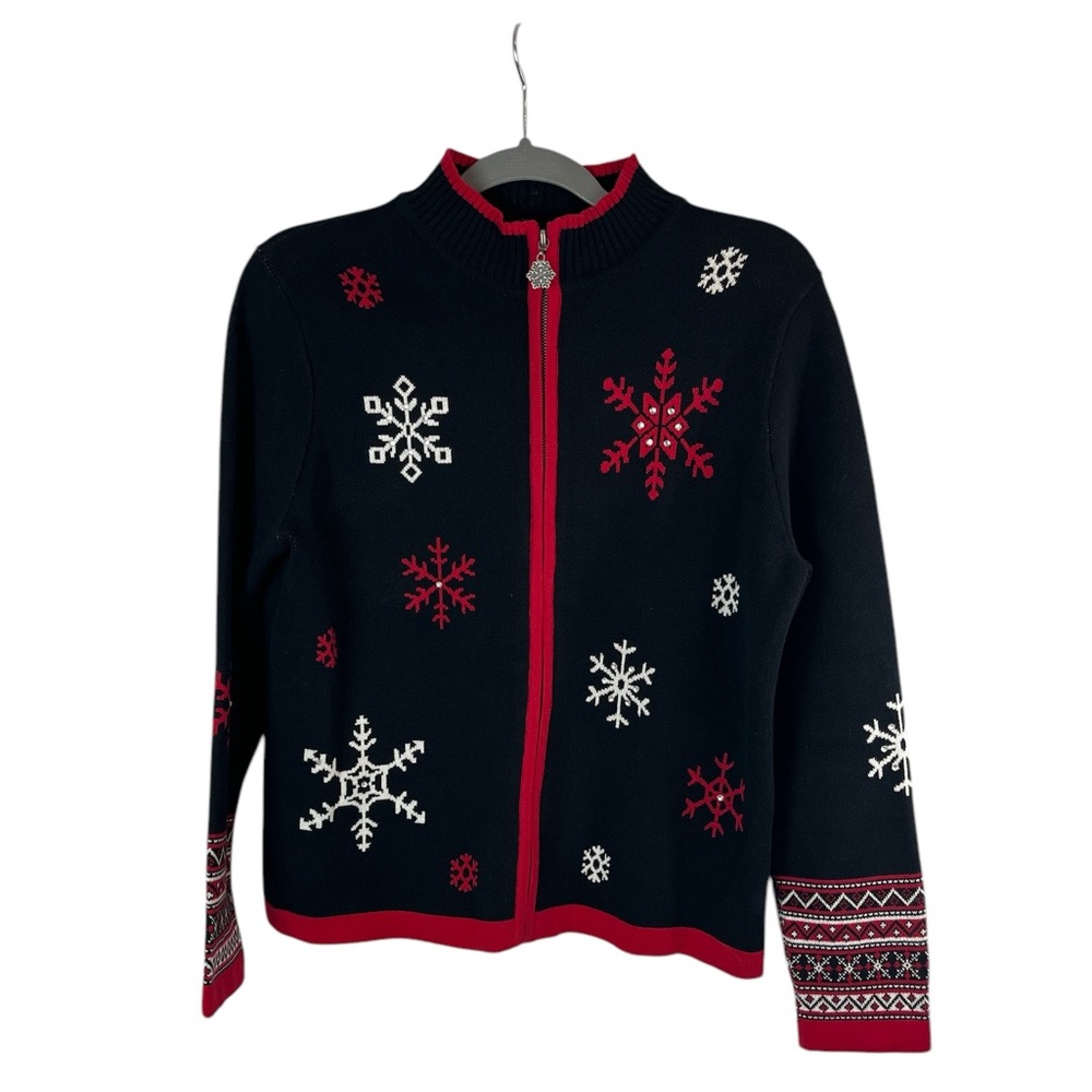 Breckenridge woman’s cotton black red full‎ zip holiday snowflake cardigan PM
